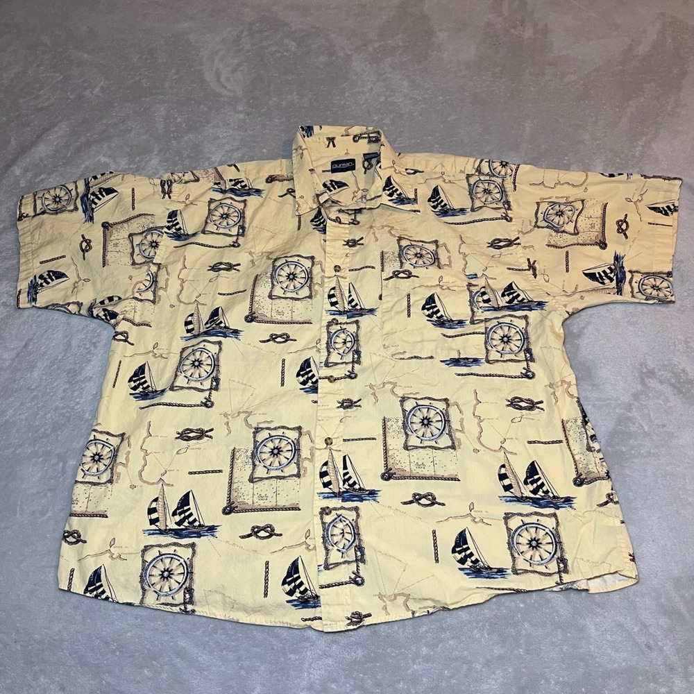 Vintage Puritan Shirt Mens 2XL Yellow Nautical Sailboat Compass Print Button Up